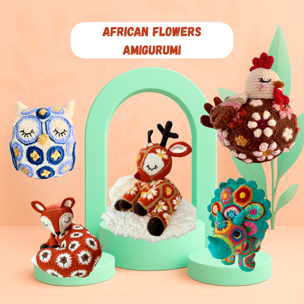 5 African Flowers Amigurumis Bundle : Owl, Triceratops , Reindeer