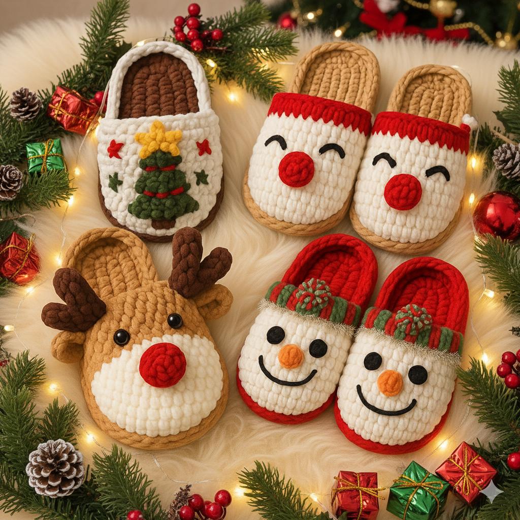 4 Christmas Slippers Crochet Patterns Set